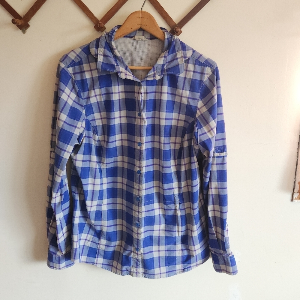 Duluth Trading Co Blue Plaid Button-Up Long Sleeve Shirt Stretchy Lightweight Xl